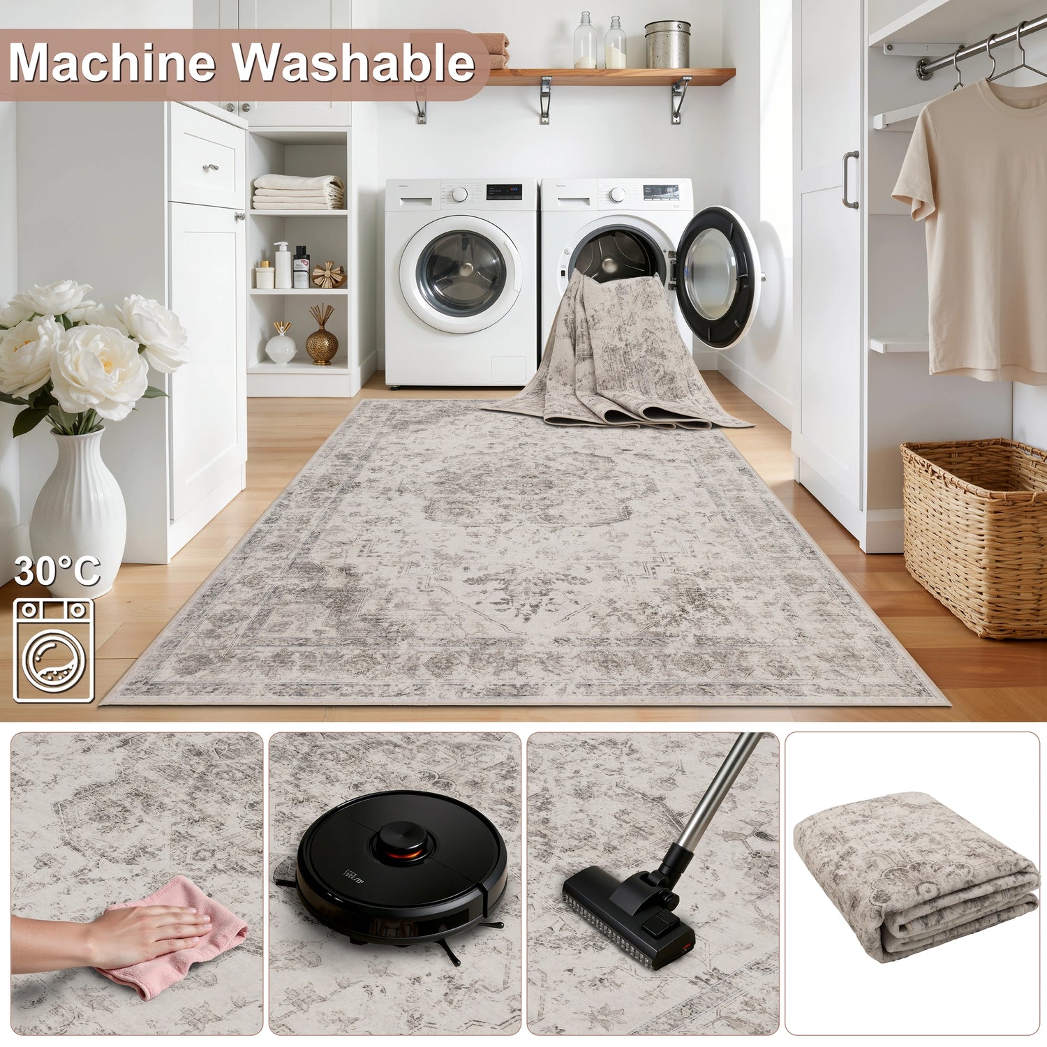 INKA1141BEIGE 06 Pflegeleicht — Wasbaar Vloerkleed - Inka Medaillon Beige