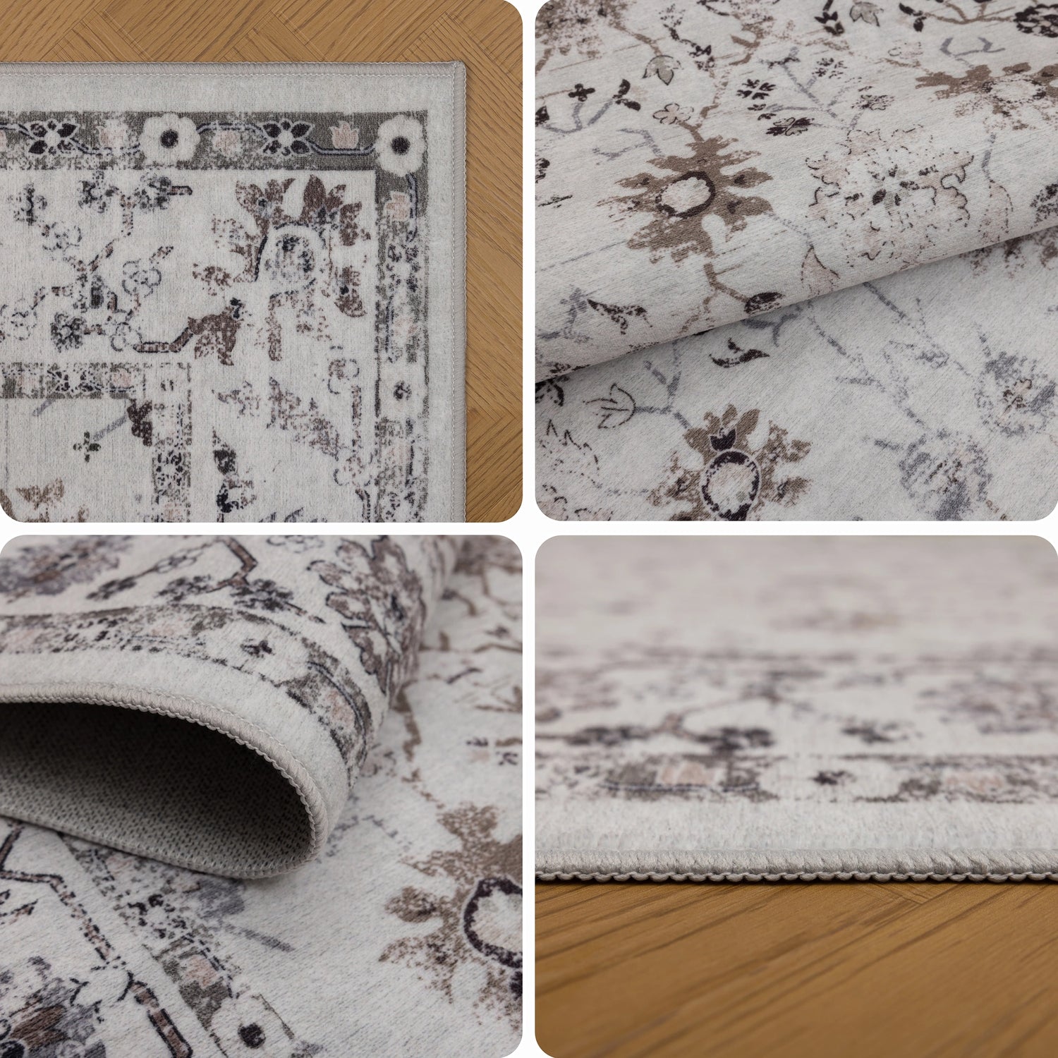 INKA1142CREAM-R 03 Details — Rond Wasbaar Vloerkleed - Inka Floraal Crème
