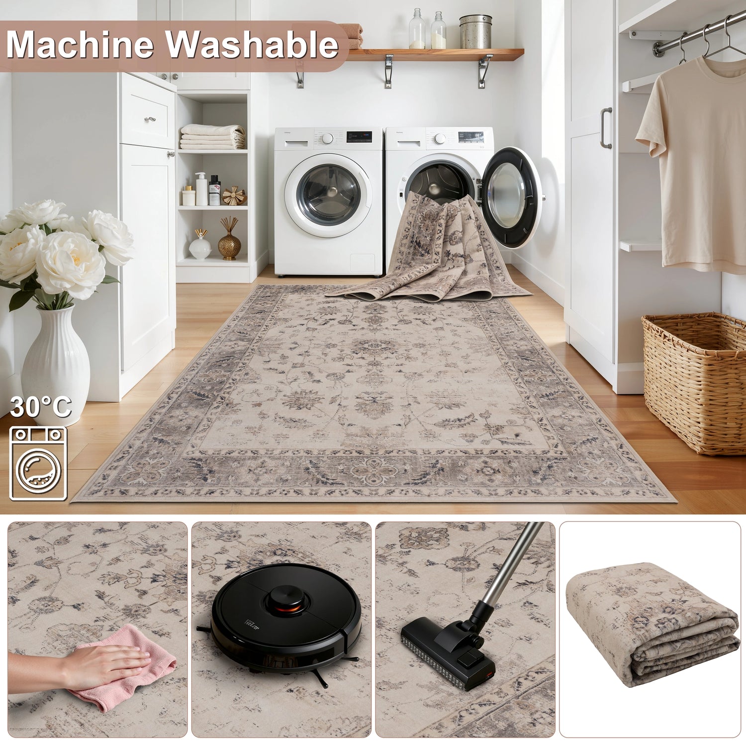 INKA1143BEIGE-R 04 Pflegeleicht — Rond Wasbaar Vloerkleed - Inka Bloemen Beige