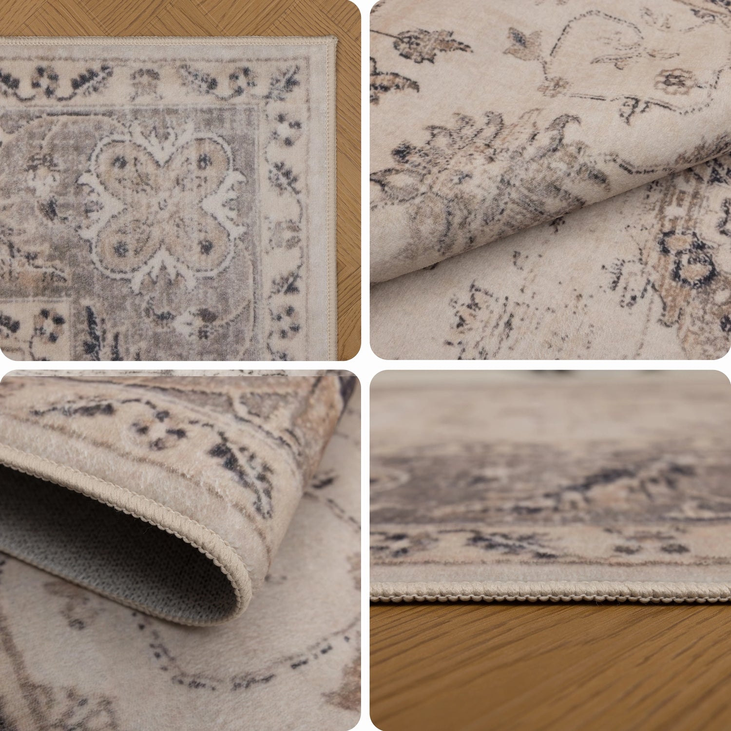 INKA1143BEIGE 05 Details — Wasbaar Vloerkleed - Inka Bloemen Beige