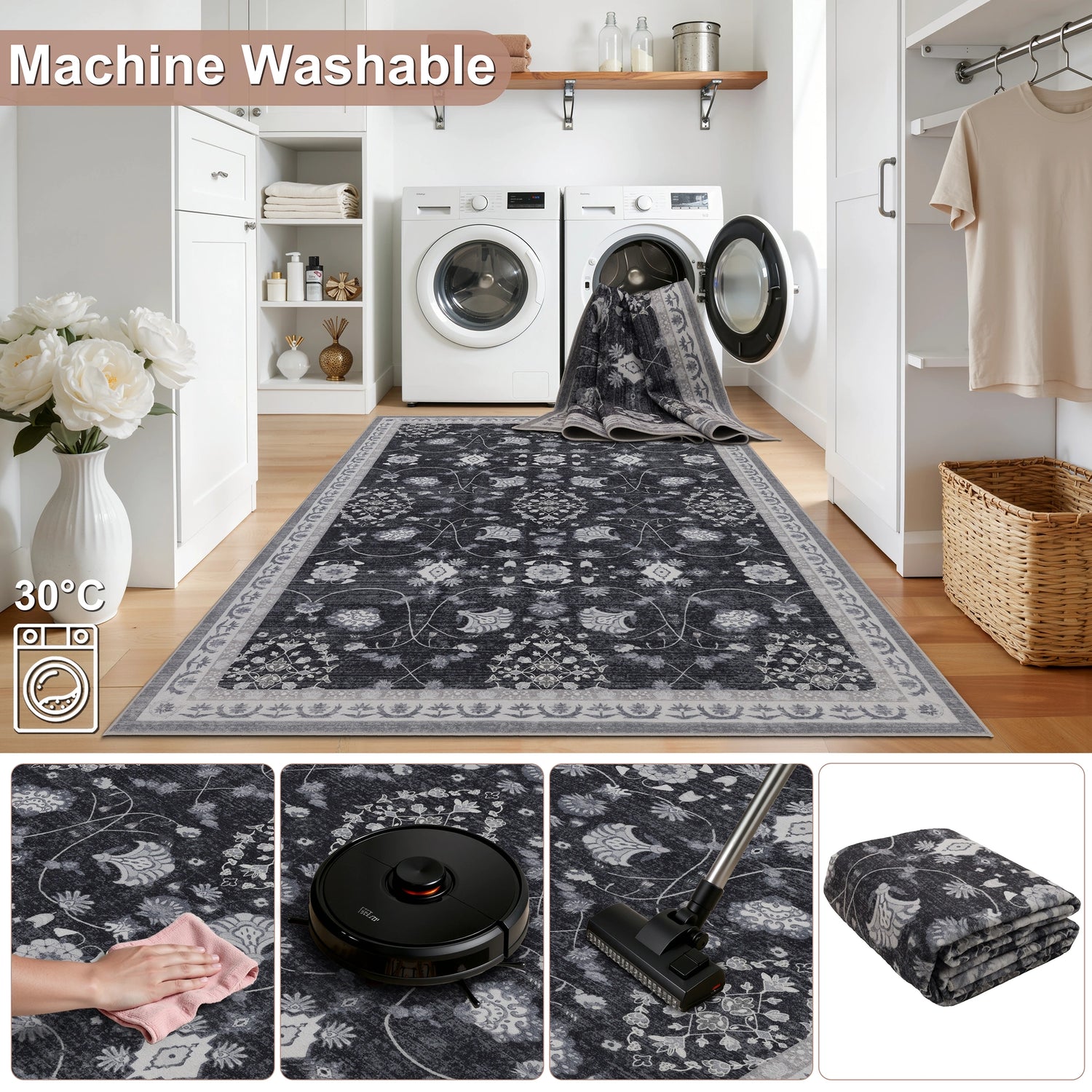 INKA1146BLACK 06 Pflegeleicht — Wasbaar Vloerkleed - Inka Bloemen Zwart