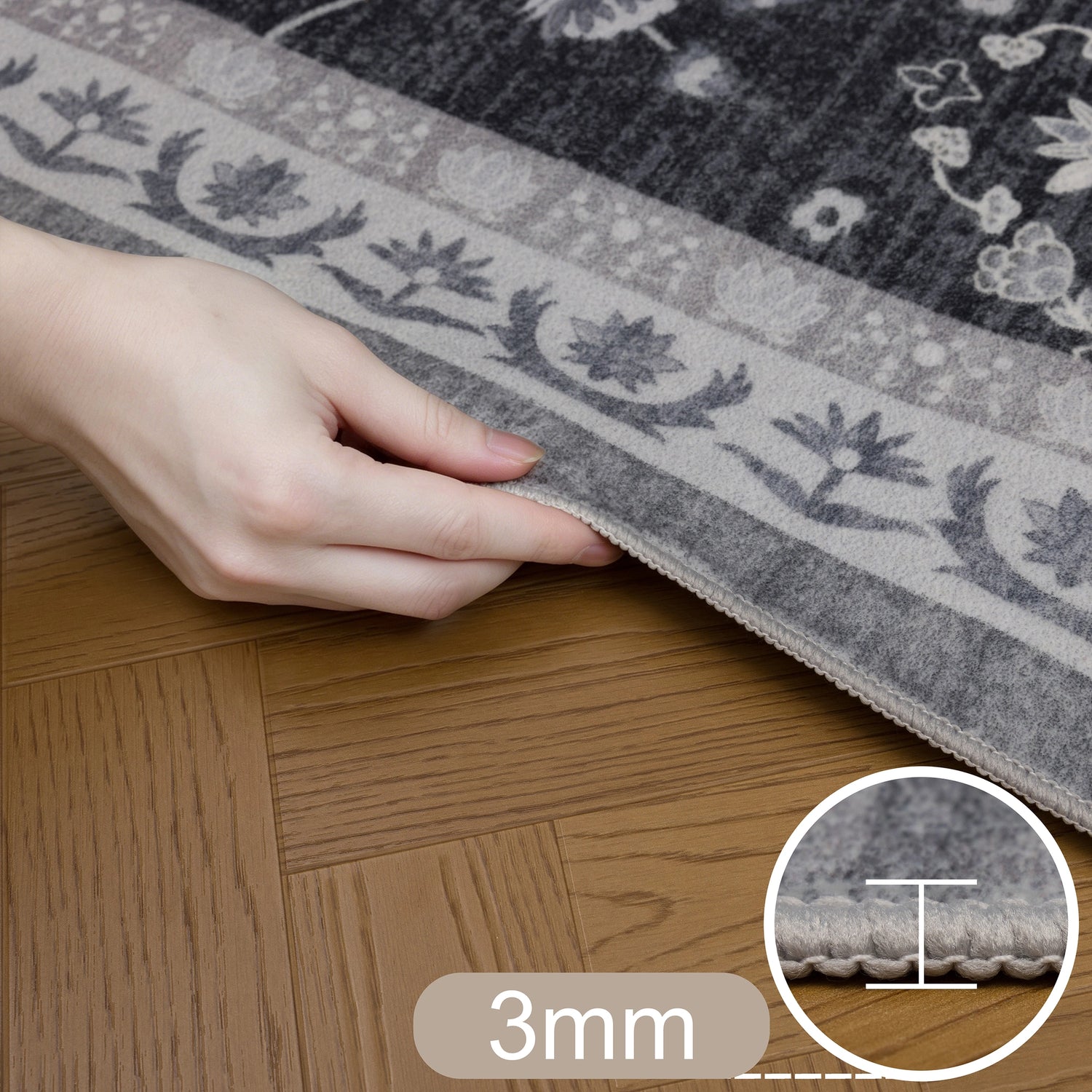 INKA1146BLACK 07 Hoch — Wasbaar Vloerkleed - Inka Bloemen Zwart