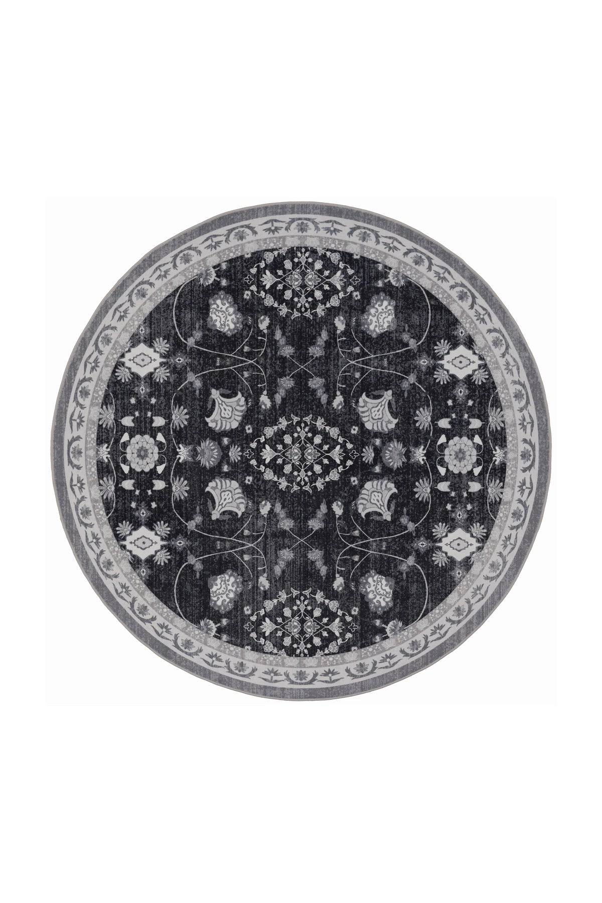 Rond Vintage Vloerkleed - Inka Bloemen Zwart
