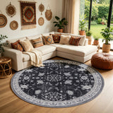 INKA1146BLACK-R 02 Main-Rund — Rond Wasbaar Vloerkleed - Inka Bloemen Zwart