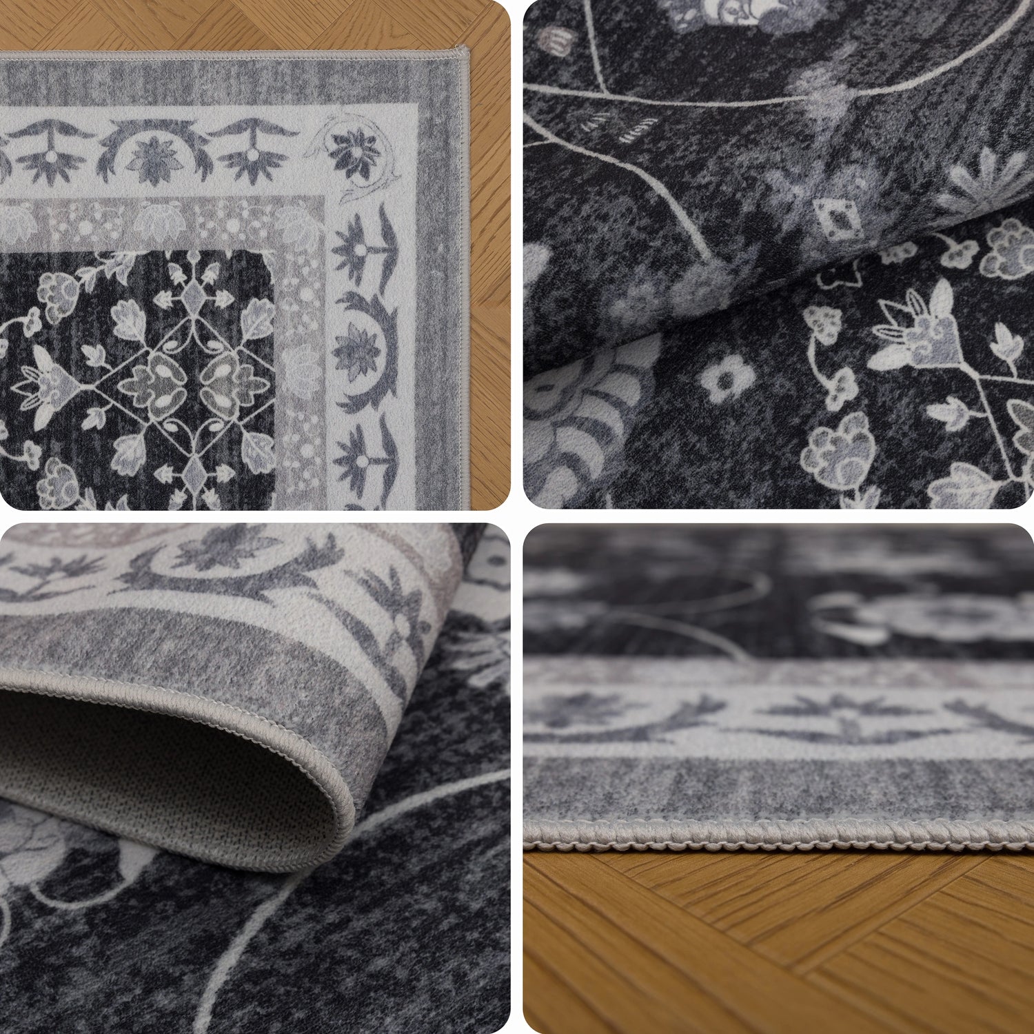 INKA1146BLACK-R 03 Details — Rond Wasbaar Vloerkleed - Inka Bloemen Zwart