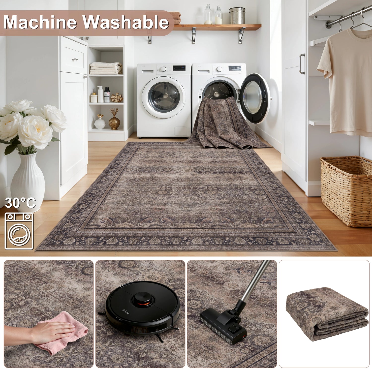 INKA1147BROWN-R 04 Pflegeleicht — Rond Wasbaar Vloerkleed - Inka Siermotief Bruin