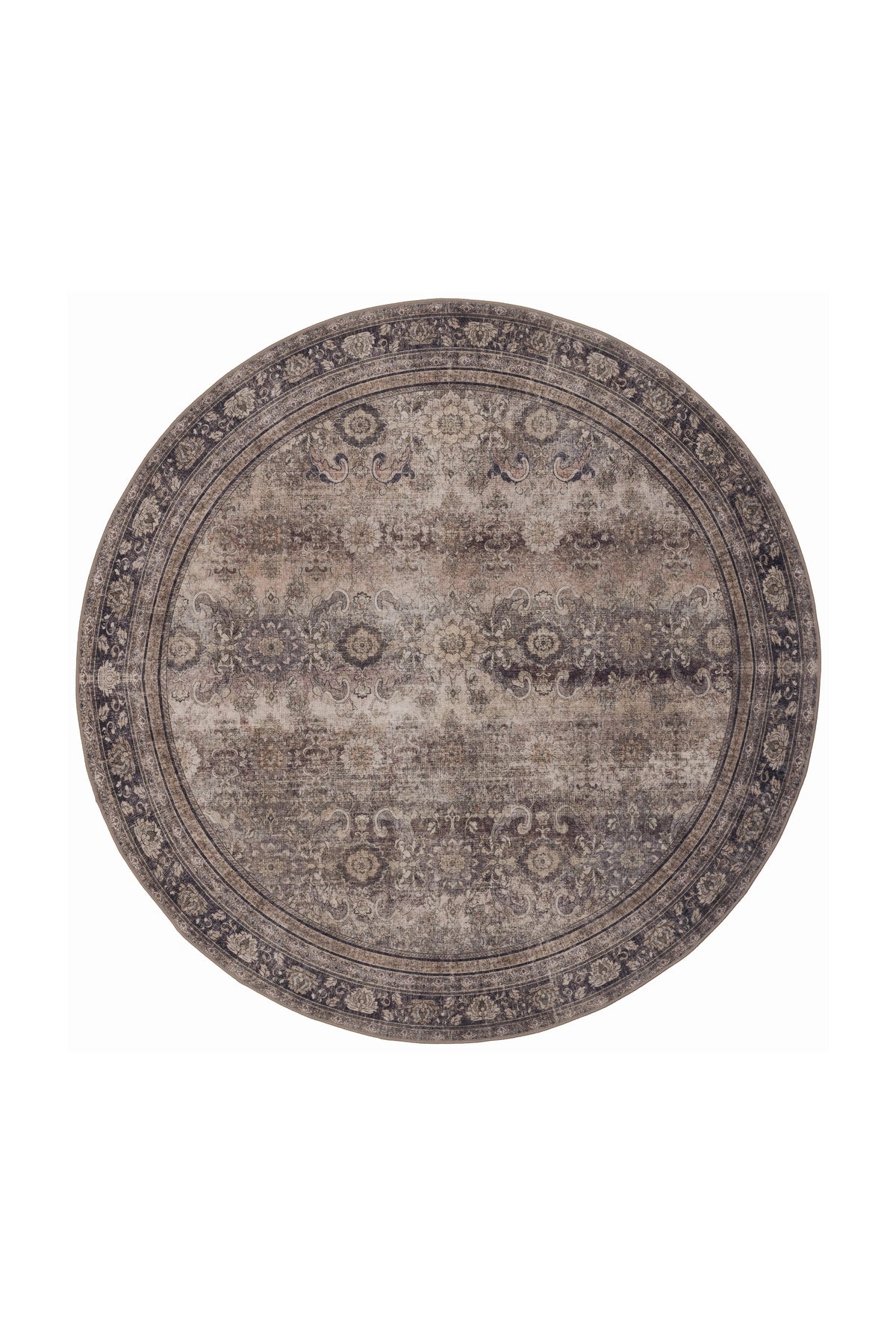 INKA1147BROWN-R 01 Front-Rund — Rond Wasbaar Vloerkleed - Inka Siermotief Bruin