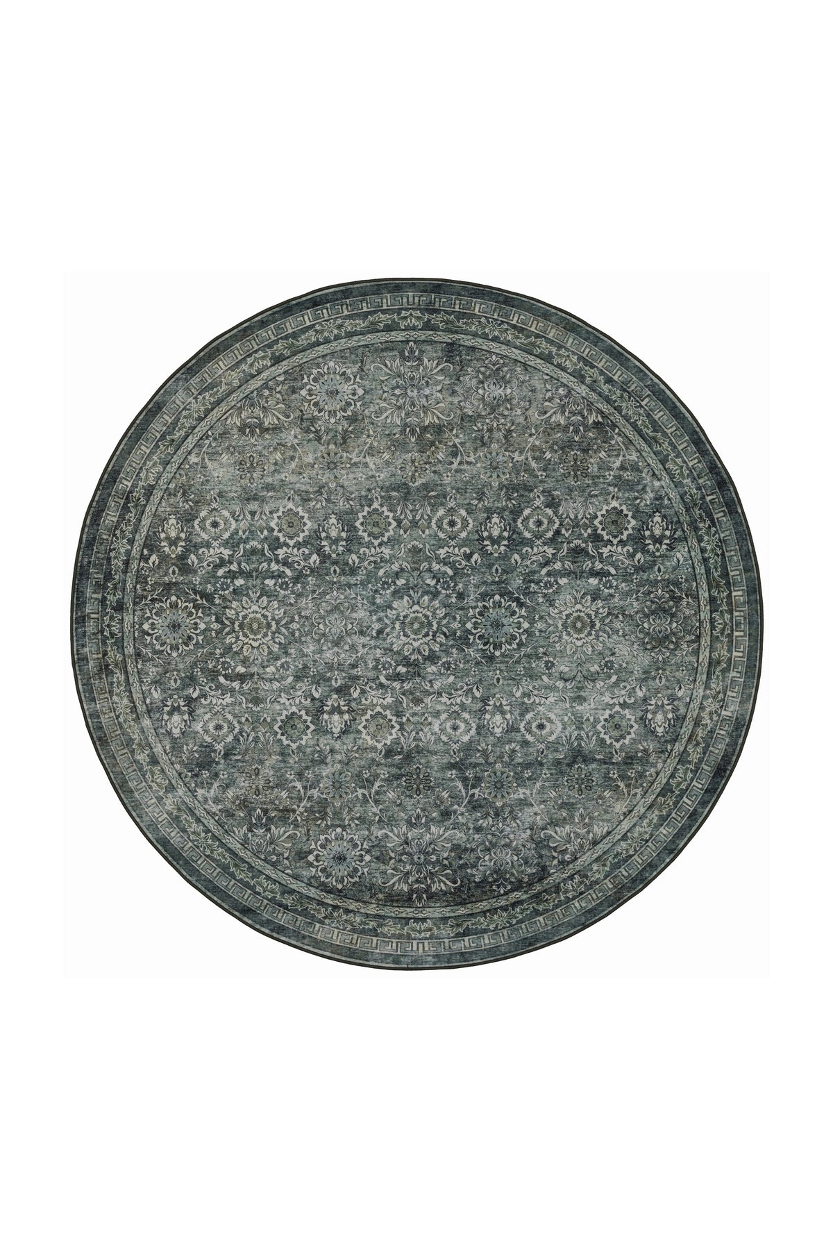 INKA1148GREEN-R 01 Front-Rund — Rond Wasbaar Vloerkleed - Inka Floraal Groen