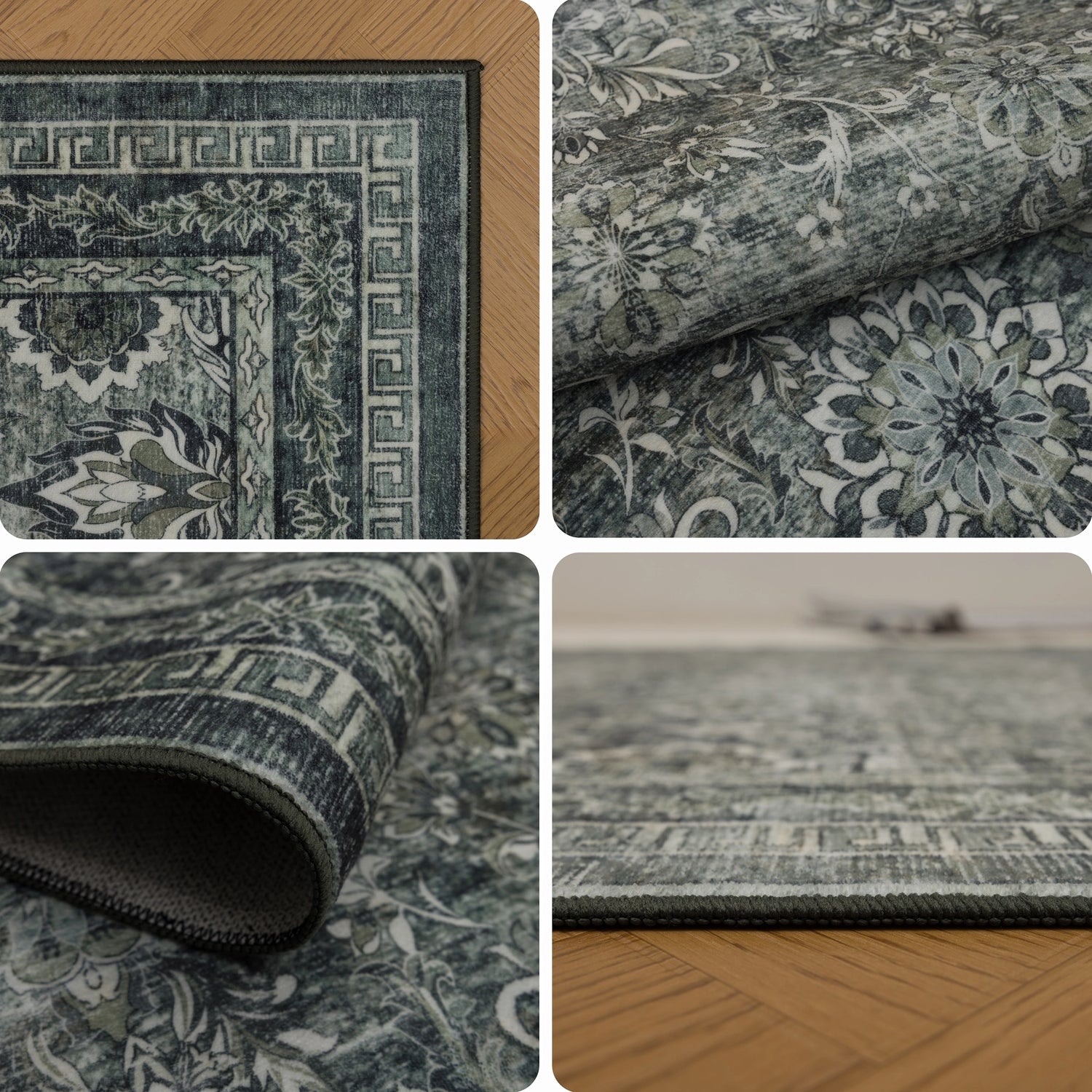 INKA1148GREEN 05 Details — Wasbaar Vloerkleed - Inka Floraal Groen